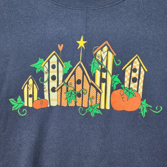NEW Vintage Tultex Sweatshirt Women’s XL Blue Birdhouse Pumpkin Fall Cottagecore - Picture 3 of 10